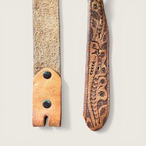 Vintage Tooled Brown Leather ANGEL Belt Strap Small No Buckle Western